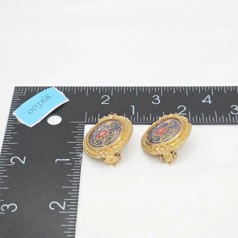 Vtg Cloisonne Butterfly Flower Earrings‎ Purple Red Gold Tone Leaf Disc Clip-Ons
